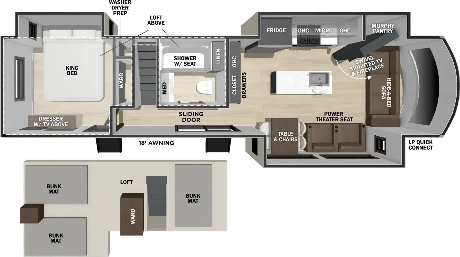 The Cedar Creek Cottage 40CDL floorplan has two entries and three slide outs. Exterior features include: fiberglass exterior and 18' awning. Interiors features include: loft, kitchen island, free-standing dinette option, rear bedroom and front living.
