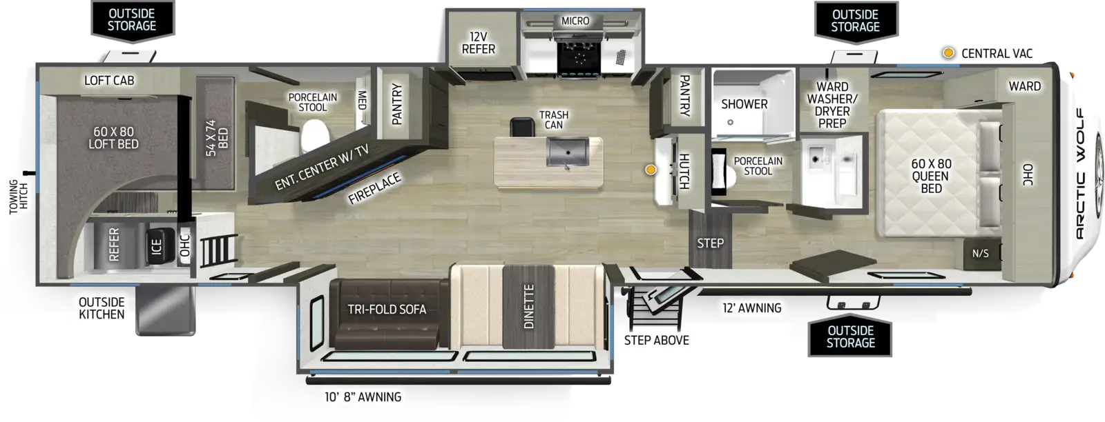 The Arctic Wolf 331BH floorplan has one entry and two slide outs. Exterior features include: fiberglass exterior, 10'8" & 12' awning and outside kitchen. Interiors features include: bunk beds, kitchen island, front bedroom and bathroom and a half.