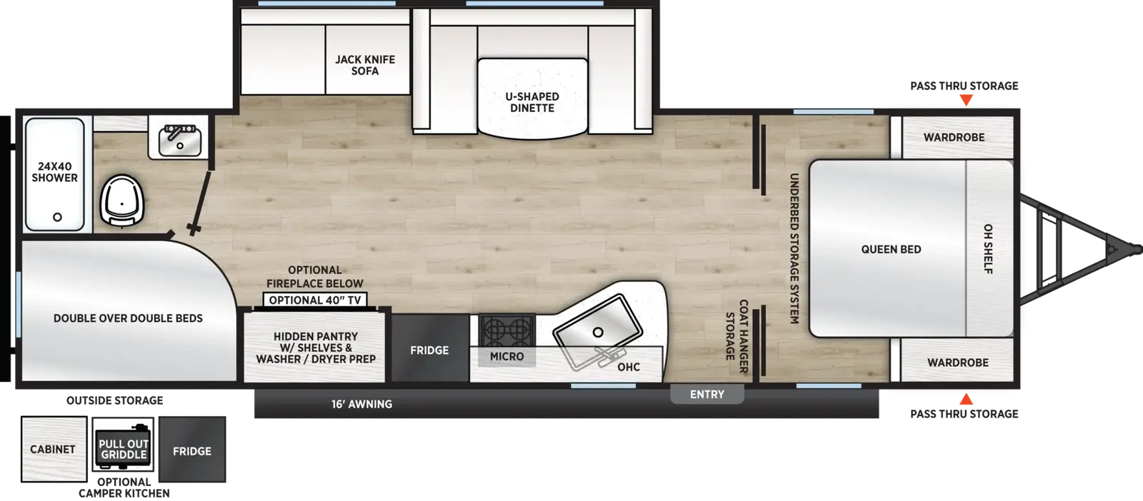 The Viking Travel Trailers 262DBS floorplan has one entry and one slide out. Exterior features include: metal exterior, 16' awning and outside kitchen. Interiors features include: bunk beds, u-dinette and front bedroom.