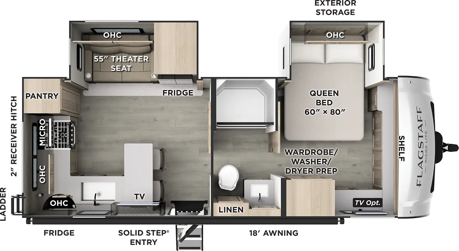The Flagstaff Micro Lite 25KBS floorplan has one entry and two slide outs. Exterior features include: fiberglass exterior and 18' awning. Interiors features include: rear kitchen, front bedroom and pass through bathroom.