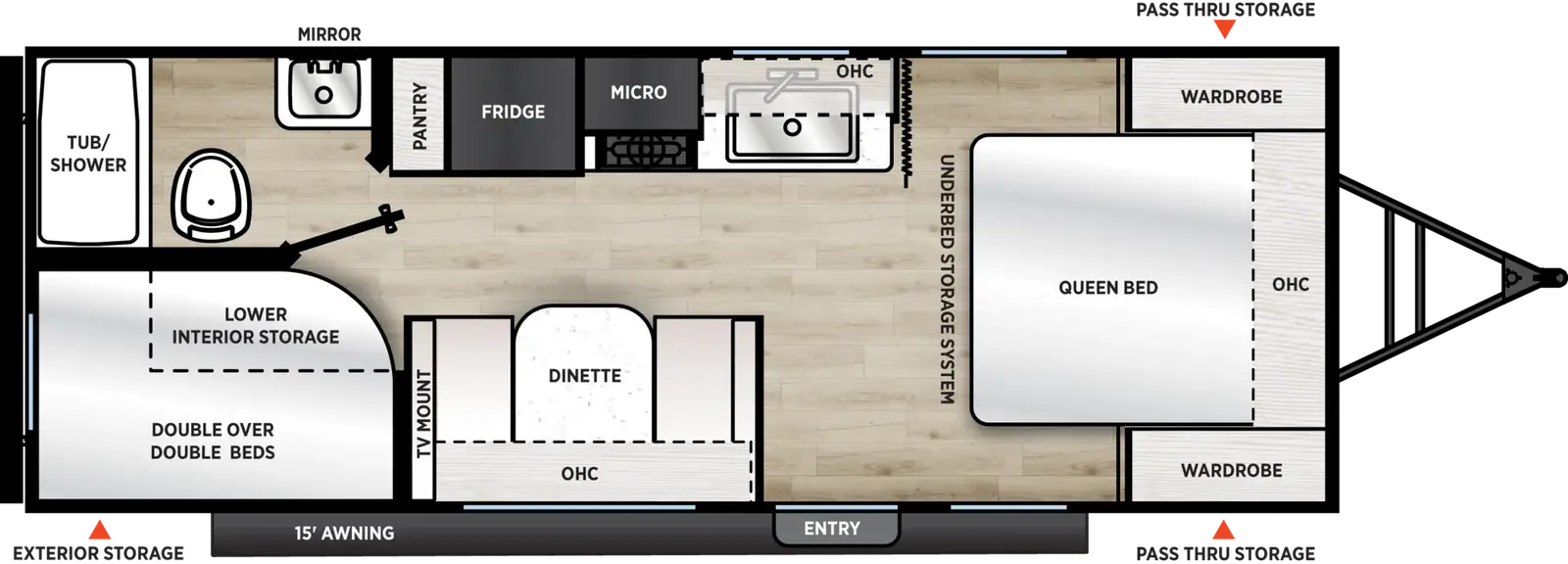 The Viking Travel Trailers 21BH floorplan has one entry and zero slide outs. Exterior features include: metal exterior and 15' awning. Interiors features include: bunk beds and front bedroom.