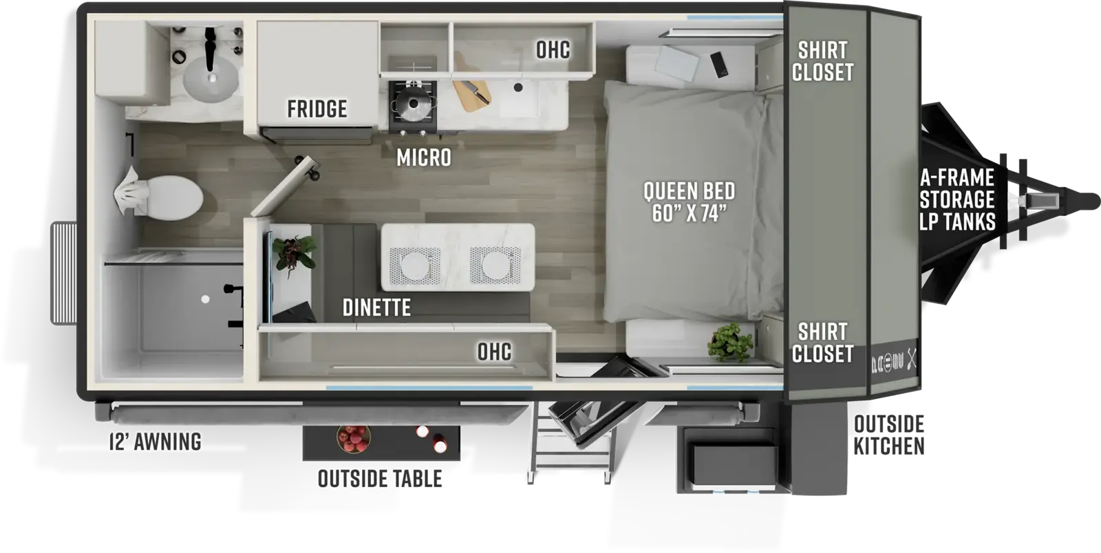 The Pause R17RB floorplan has one entry and zero slide outs. Exterior features include: fiberglass exterior and outside kitchen. Interiors features include: front bedroom and rear bathroom.