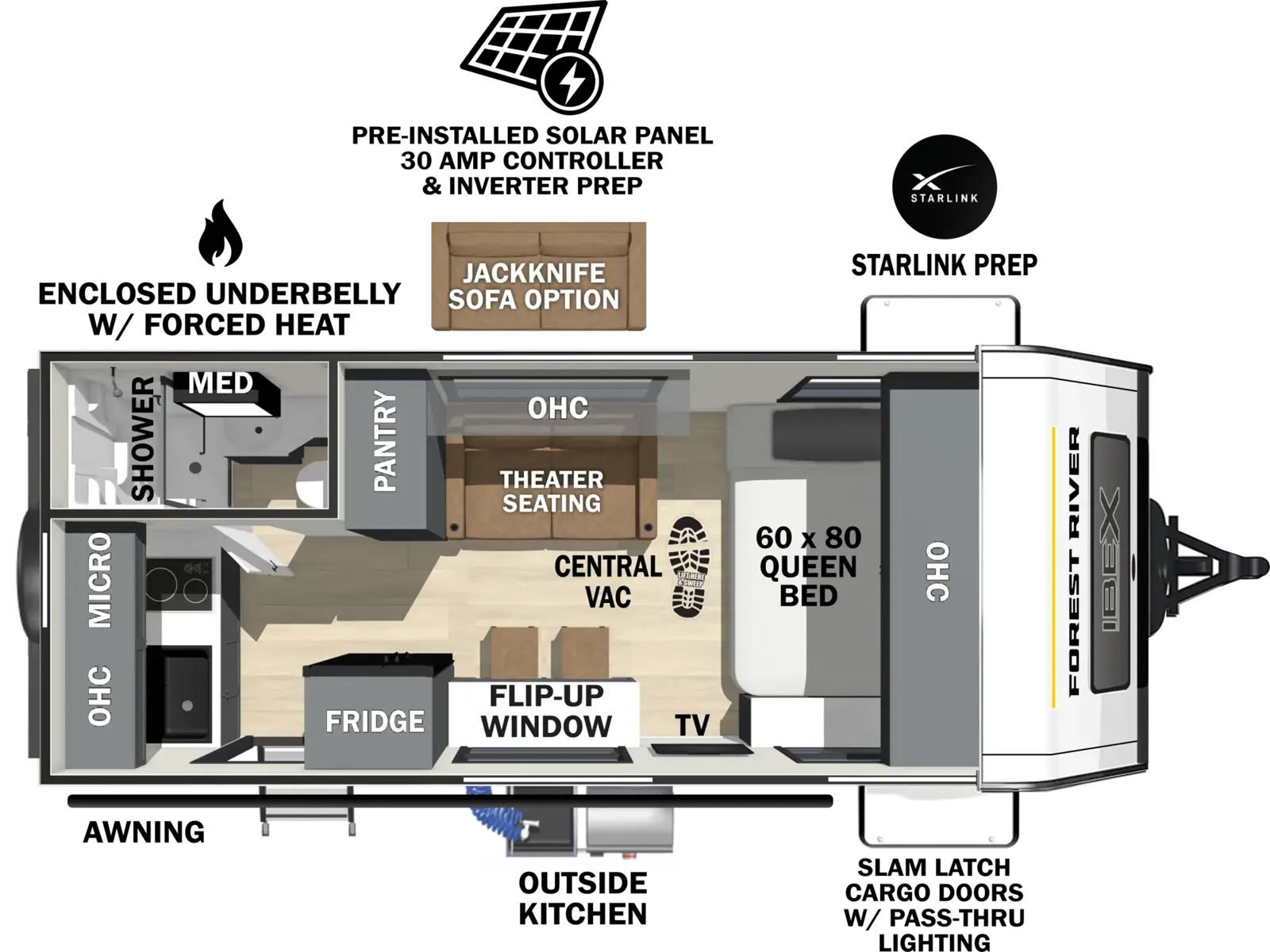 The Ibex 16MBJ floorplan has one entry and zero slide outs. Exterior features include: fiberglass exterior, 14' awning and outside kitchen. Interiors features include: front bedroom.