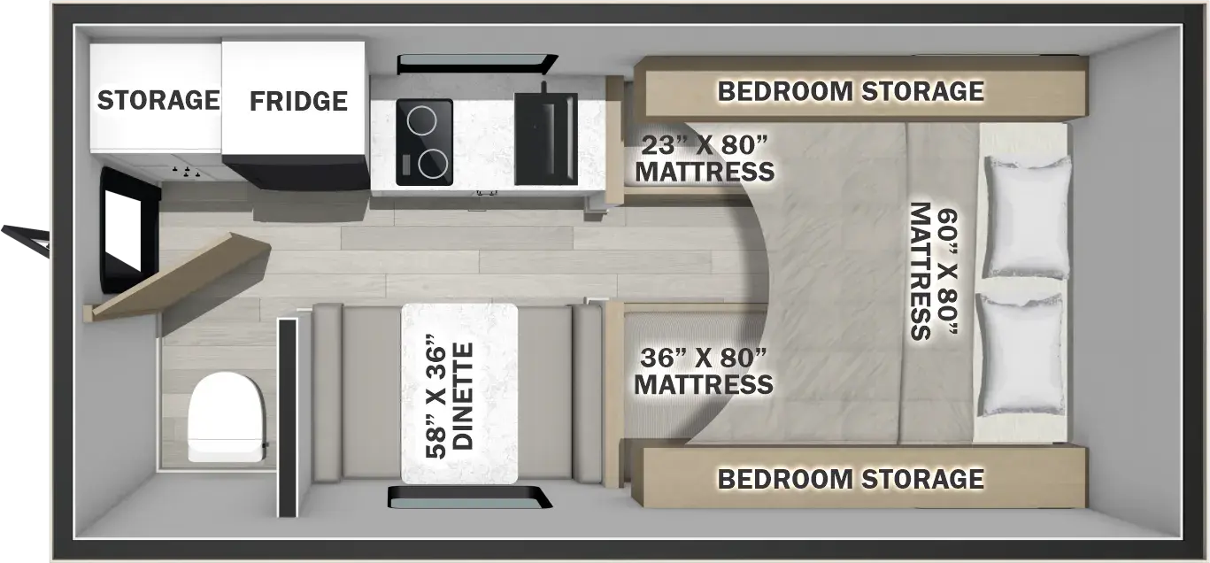 The Palomino O.V.E. 15.1 floorplan has one entry and zero slide outs. Exterior features include: fiberglass exterior and 6' Rear awning. Interiors features include: bunk beds and front bedroom.
