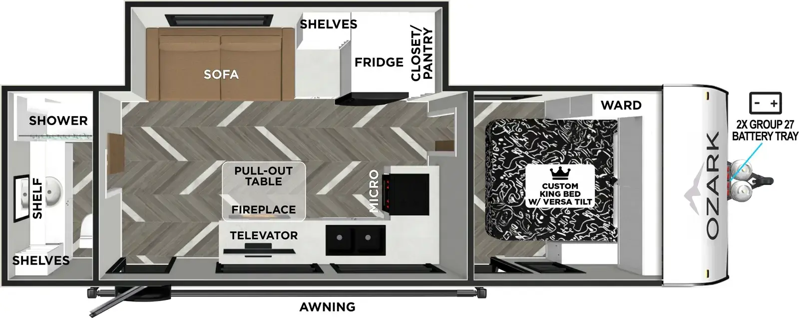 The Ozark 25CP floorplan has one entry and one slide out. Exterior features include: metal exterior. Interiors features include: front bedroom and rear bathroom.