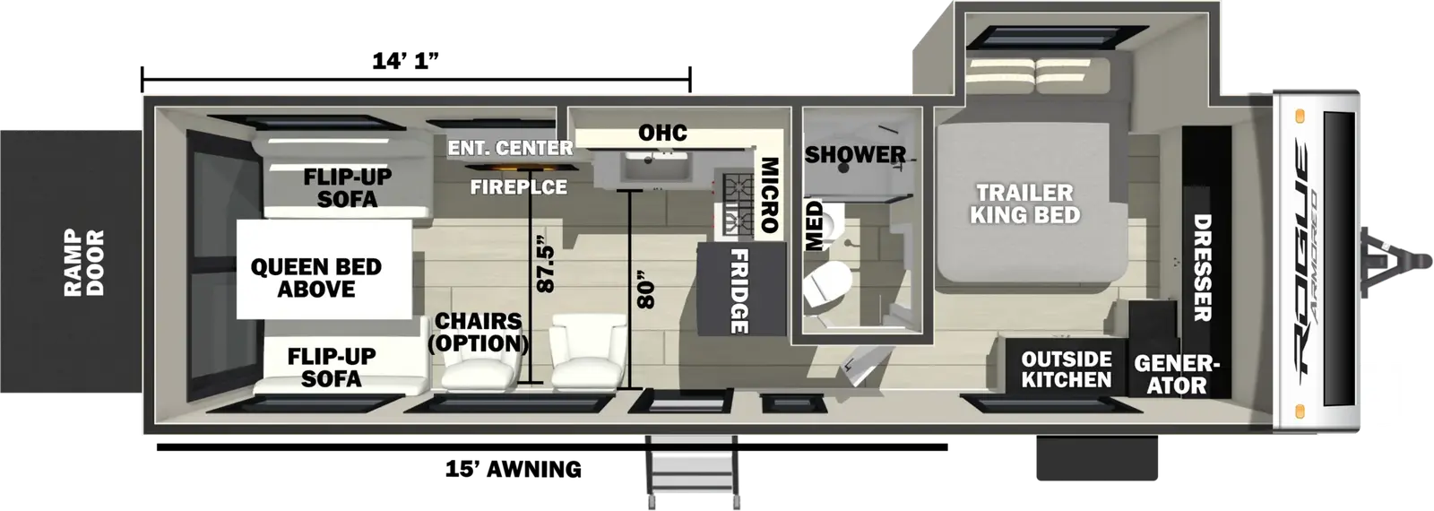 The Vengeance Rogue Armored Travel Trailers 25L141 floorplan is a toy hauler that has one entry and one slide out. Exterior features include: fiberglass exterior and 15' awning. Interiors features include: front bedroom.