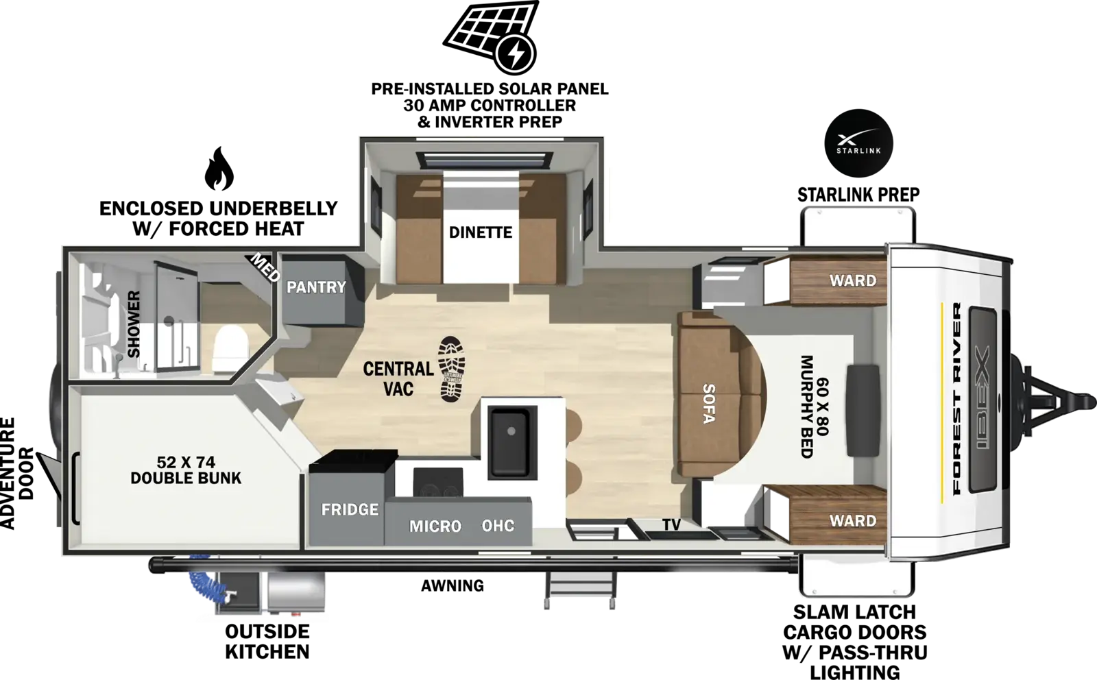 The Ibex 23MBH floorplan has one entry and one slide out. Exterior features include: fiberglass exterior and 18' awning. Interiors features include: bunk beds and murphy bed.