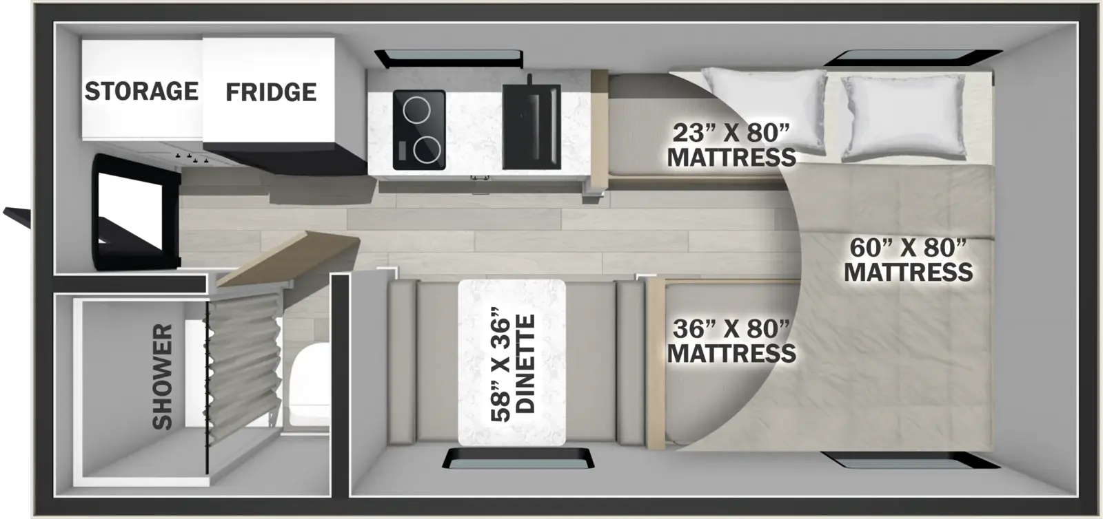 The Palomino O.V.E. 15.2 floorplan has one entry and zero slide outs. Exterior features include: fiberglass exterior and 6' Rear awning. Interiors features include: bunk beds and front bedroom.