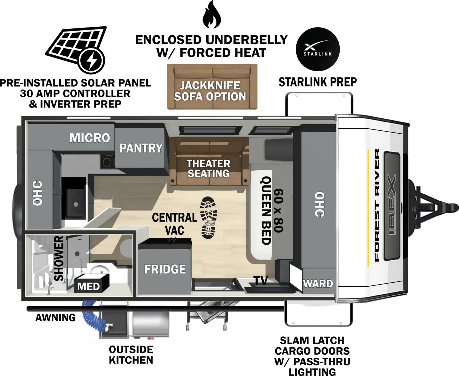 The Ibex 16MRJ floorplan has one entry and zero slide outs. Exterior features include: fiberglass exterior, 12' awning and outside kitchen. Interiors features include: front bedroom.