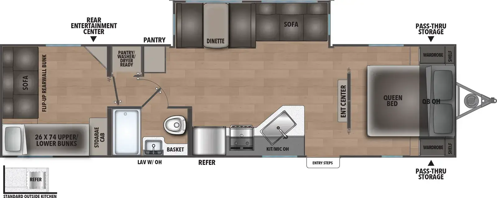 The Northern Spirit DLX & Compact 5300BQB floorplan has one entry and one slide out. Exterior features include: metal exterior and outside kitchen. Interiors features include: bunk beds, u-dinette and front bedroom.