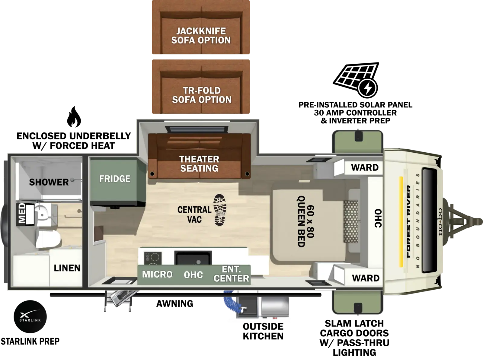 The No Boundaries NB19.4 floorplan has one entry and one slide out. Exterior features include: fiberglass exterior and 16' awning. Interiors features include: front bedroom and rear bathroom.