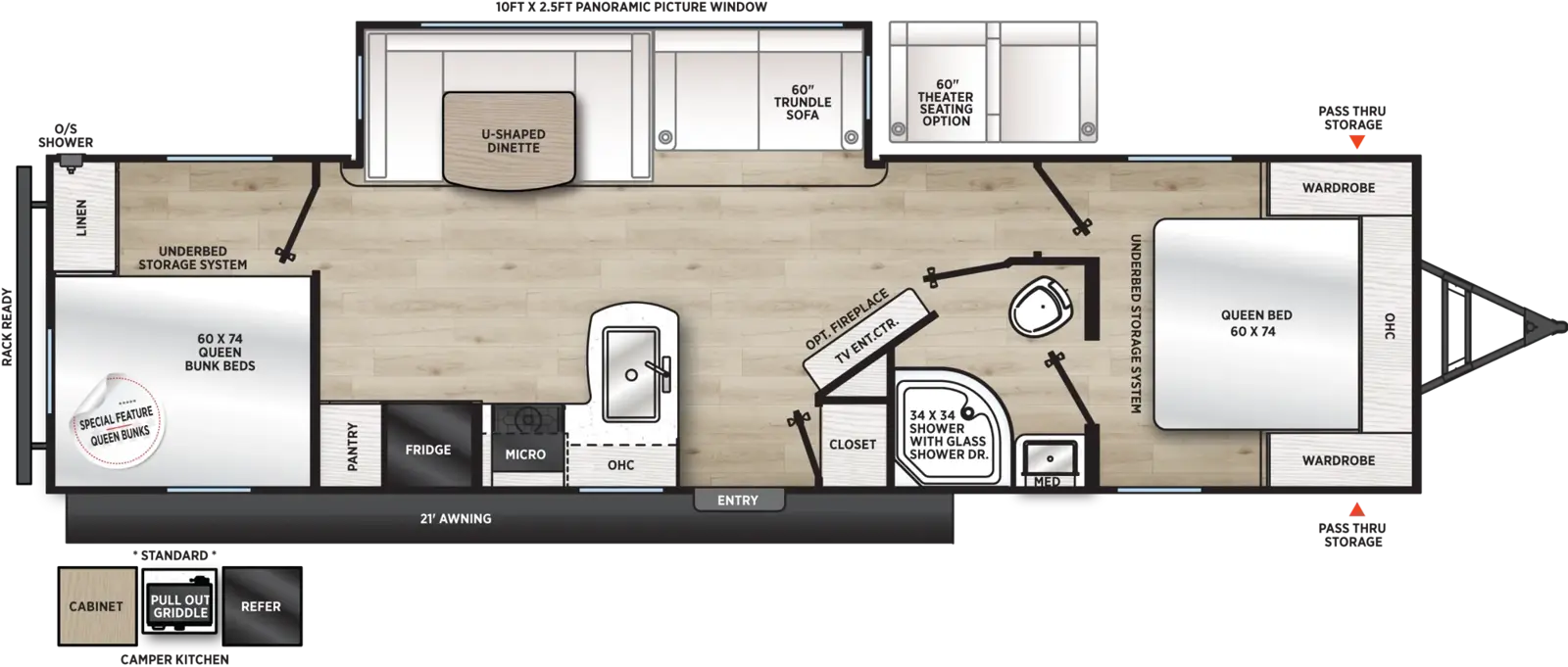 The Catalina Legacy Edition 293TQBSCK floorplan has one entry and one slide out. Exterior features include: metal exterior, 21' awning and outside kitchen. Interiors features include: bunk beds, u-dinette and front bedroom.