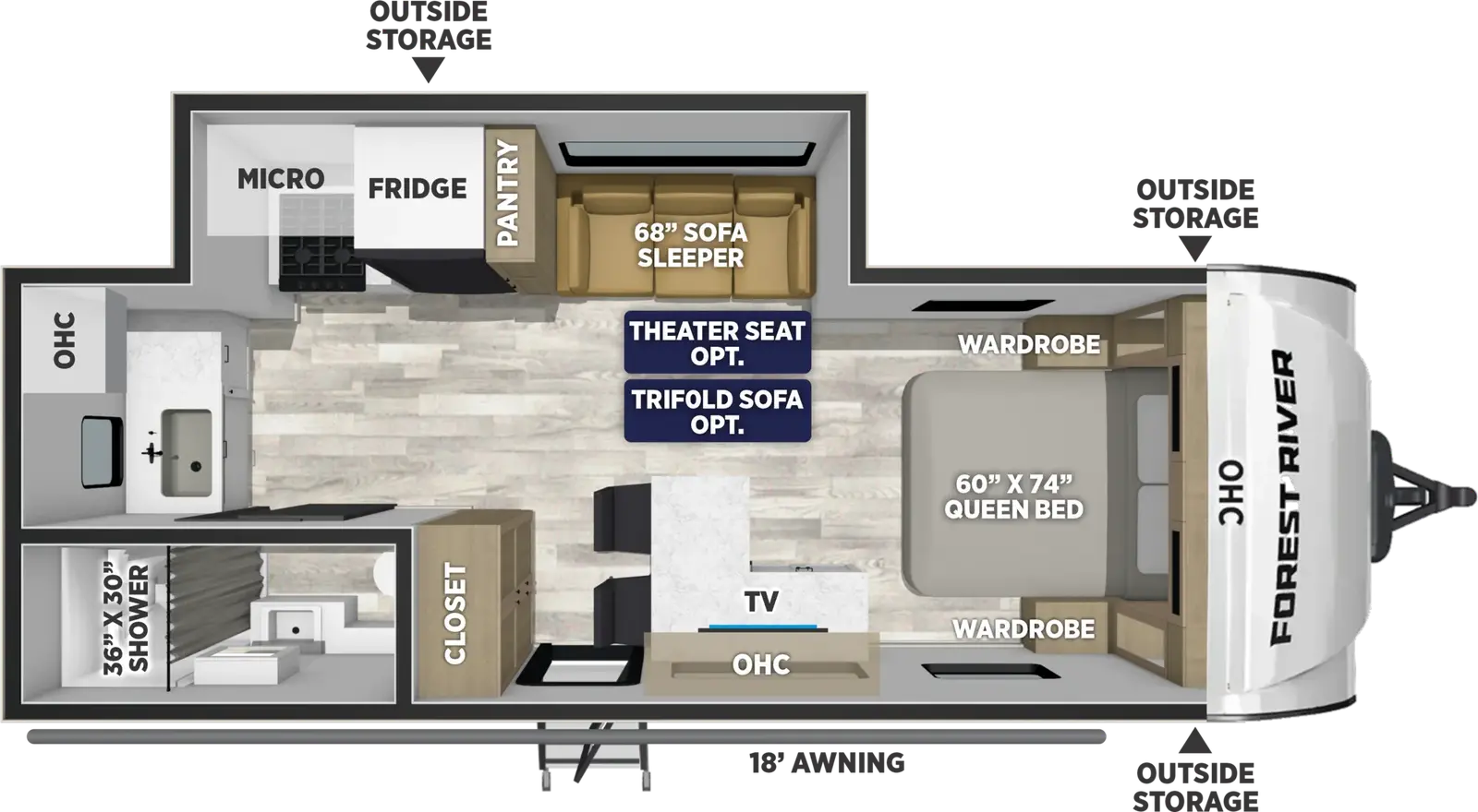 The Puma Tracks 241RKS floorplan has one entry and one slide out. Exterior features include: fiberglass exterior and 18' awning. Interiors features include: front bedroom.