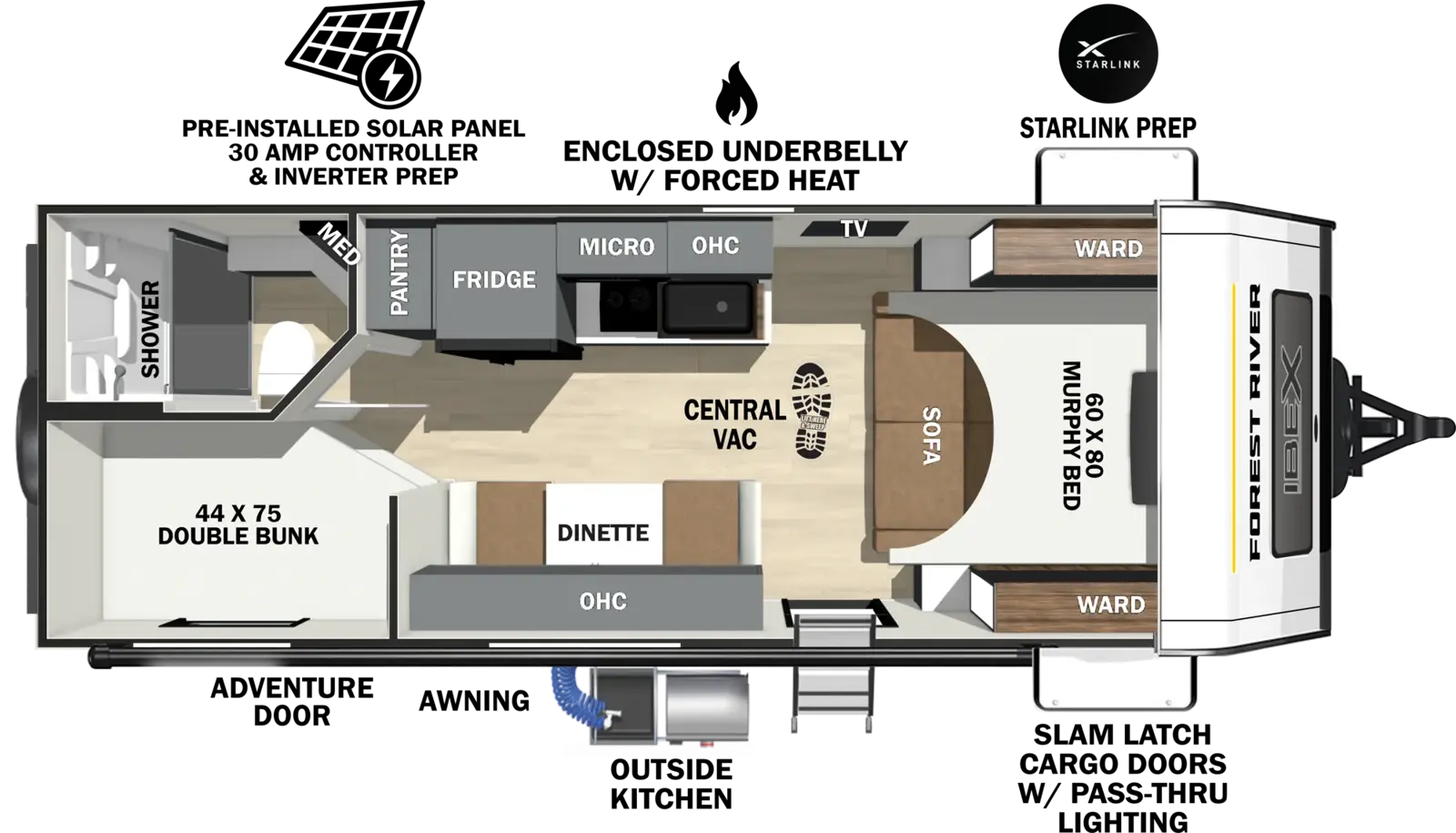 The Ibex 19MBH floorplan has one entry and zero slide outs. Exterior features include: fiberglass exterior, 16' awning and outside kitchen. Interiors features include: bunk beds and murphy bed.