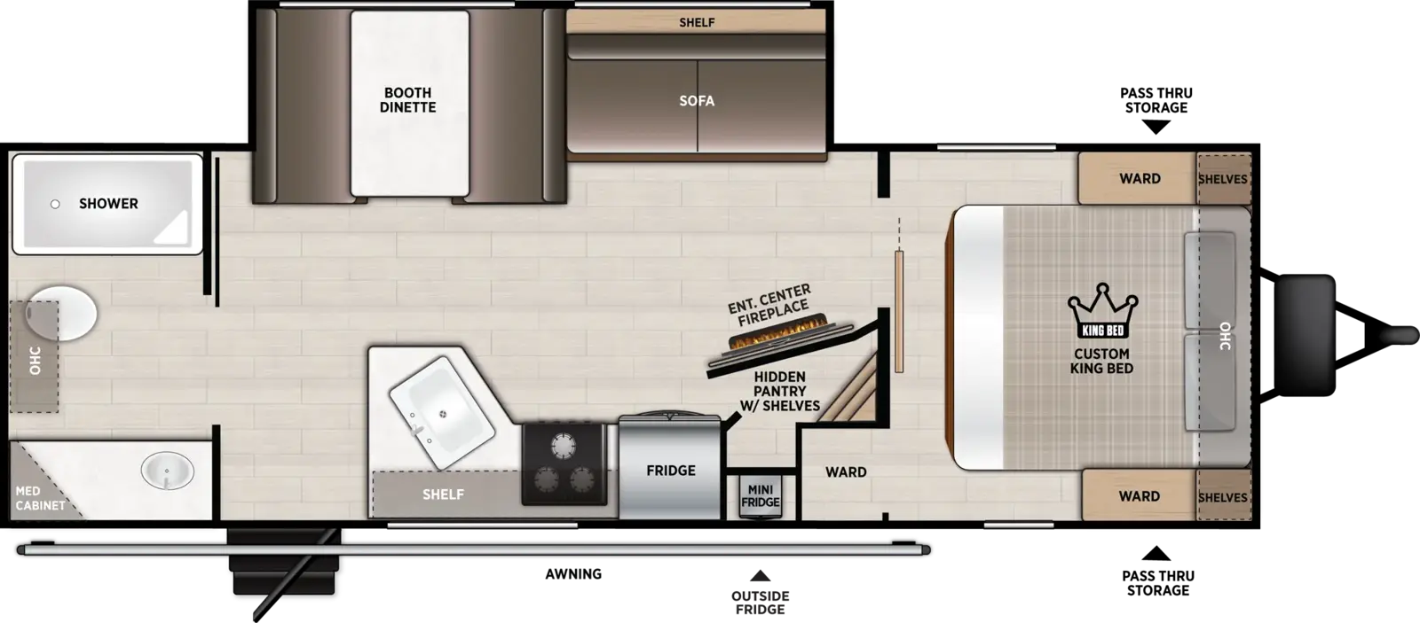 The Cruise Lite 25RBXL floorplan has one entry and one slide out. Exterior features include: metal exterior and 16' awning. Interiors features include: front bedroom and rear bathroom.