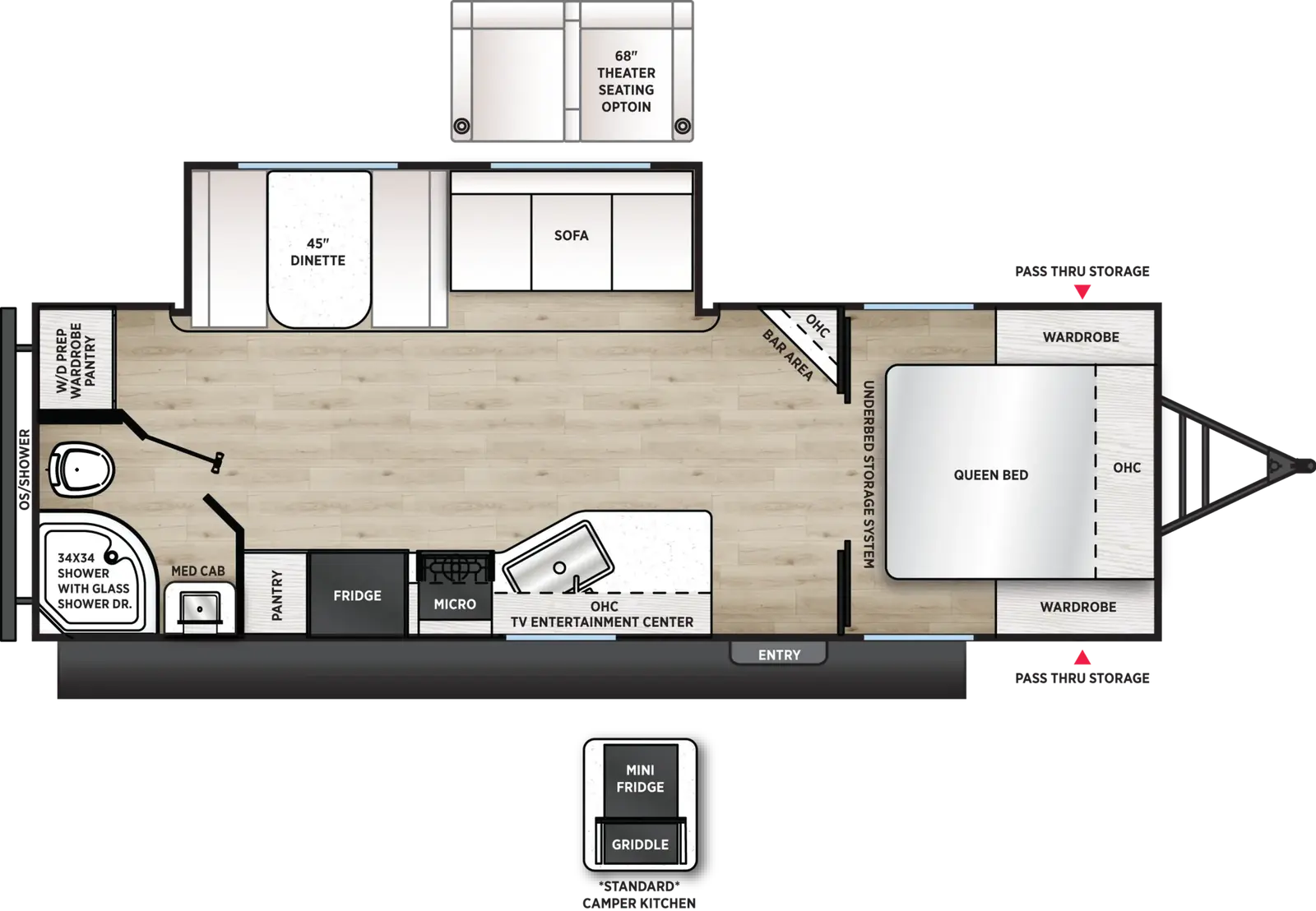 The Viking Travel Trailers 25RBS floorplan has one entry and one slide out. Exterior features include: metal exterior and outside kitchen. Interiors features include: front bedroom.