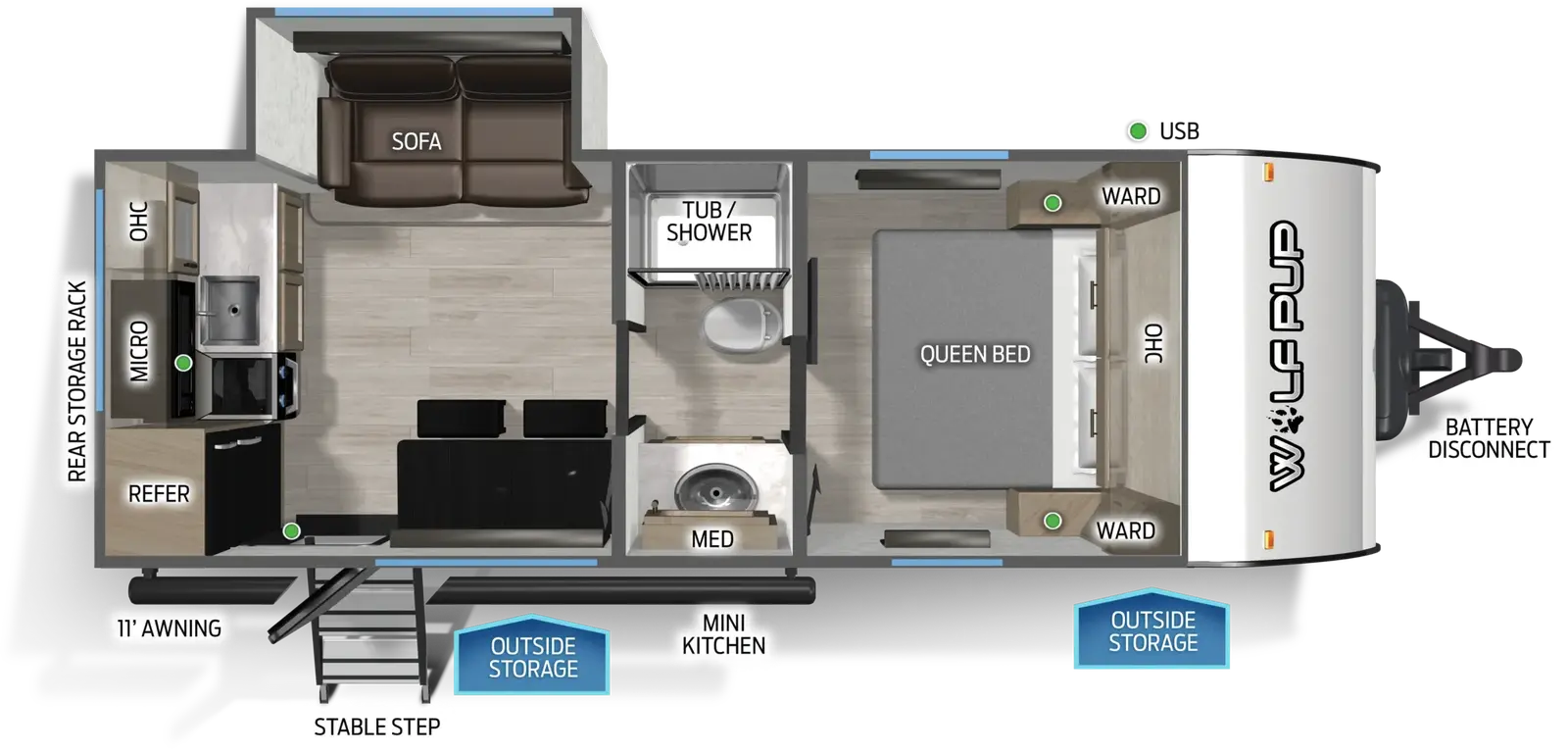 The Wolf Pup 17SC floorplan has one entry and one slide out. Exterior features include: metal exterior, 11' awning and outside kitchen. Interiors features include: rear kitchen, front bedroom and pass through bathroom.