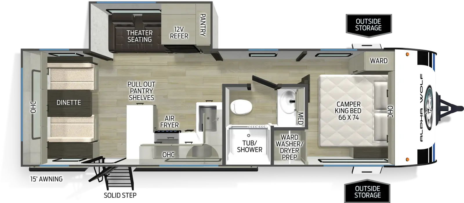 The Alpha Wolf 25RDX floorplan has one entry and one slide out. Exterior features include: fiberglass exterior and 15' awning. Interiors features include: front bedroom.