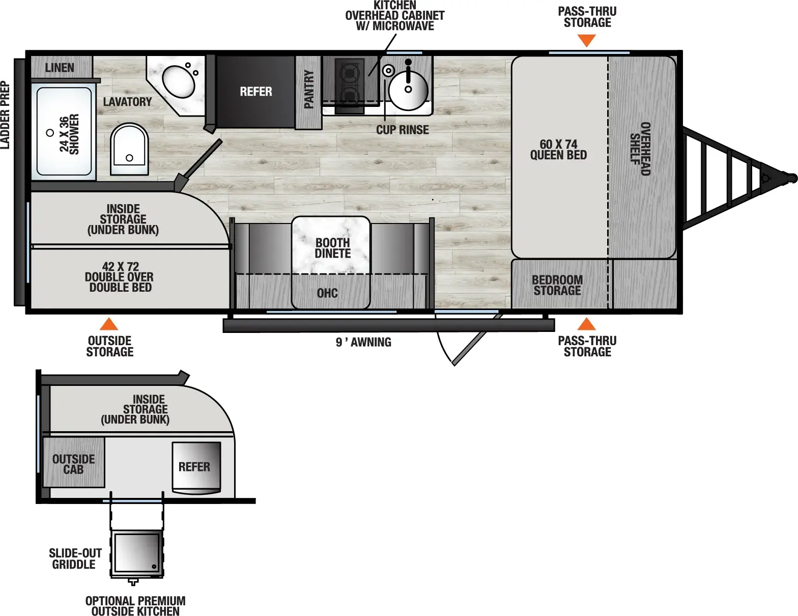 The Viking Travel Trailers 18BH floorplan has one entry and zero slide outs. Exterior features include: metal exterior, 9' awning and outside kitchen. Interiors features include: bunk beds and front bedroom.