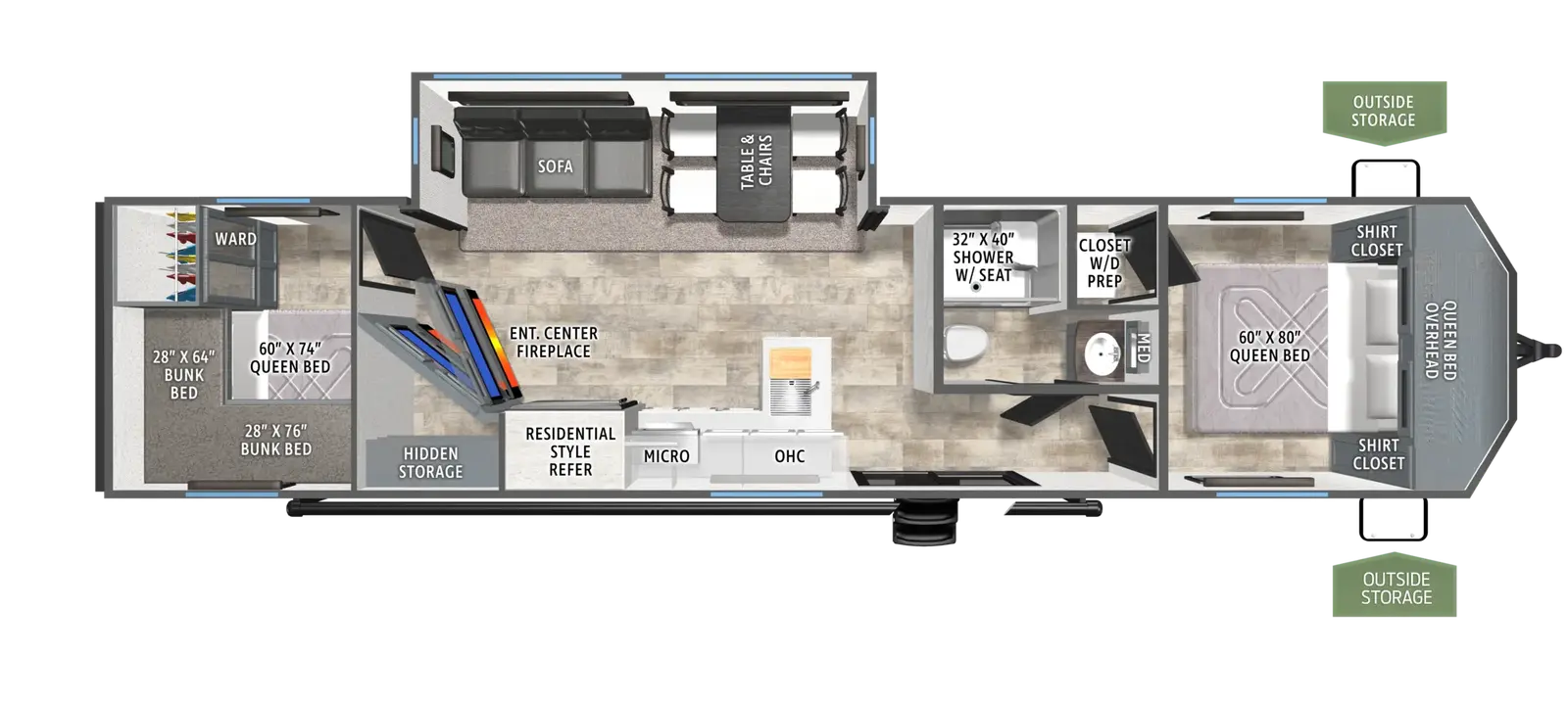 The Puma Vista 37VBH floorplan has one entry and one slide out. Exterior features include: metal exterior. Interiors features include: bunk beds, free-standing dinette option, front bedroom, rear bedroom and two bedrooms.