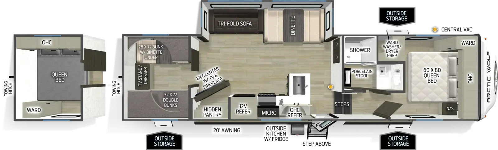 The Arctic Wolf 285OPT floorplan has one entry and one slide out. Exterior features include: fiberglass exterior, 20' awning and outside kitchen. Interiors features include: bunk beds, u-dinette, front bedroom and rear bedroom.
