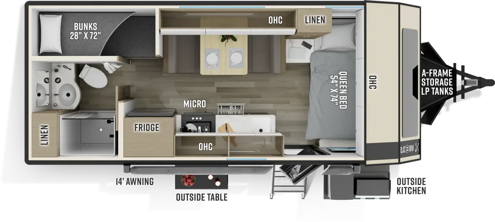 The Pause 19.6 floorplan has one entry and zero slide outs. Exterior features include: fiberglass exterior and 14' awning. Interiors features include: bunk beds and front bedroom.