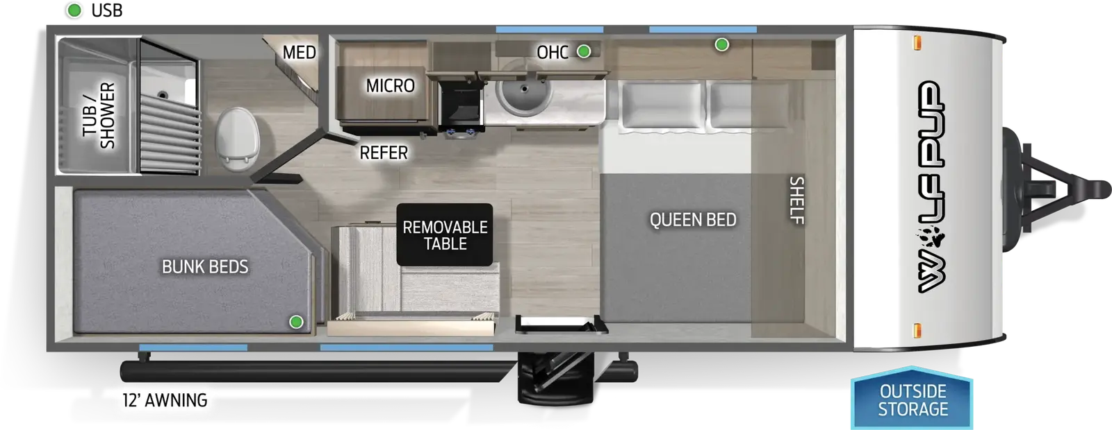 The Wolf Pup 17LP floorplan has one entry and zero slide outs. Exterior features include: metal exterior and 12' awning. Interiors features include: bunk beds and front bedroom.
