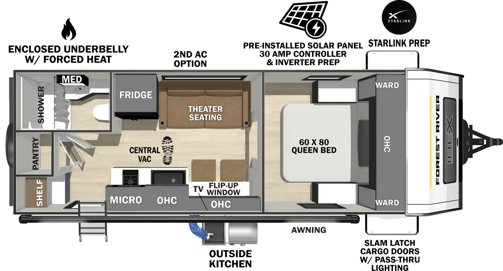 The Ibex 20MKB floorplan has one entry and zero slide outs. Exterior features include: fiberglass exterior, 16' awning and outside kitchen. Interiors features include: front bedroom.