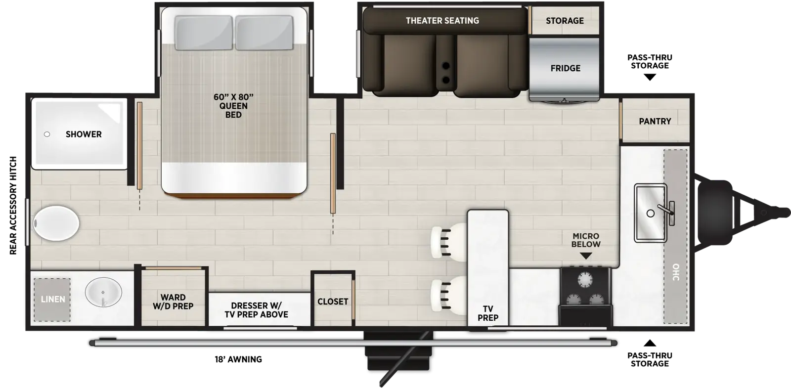 The Heritage Glen Travel Trailers 215FKHL floorplan has one entry and two slide outs. Exterior features include: fiberglass exterior and 18' awning. Interiors features include: front kitchen and rear bathroom.