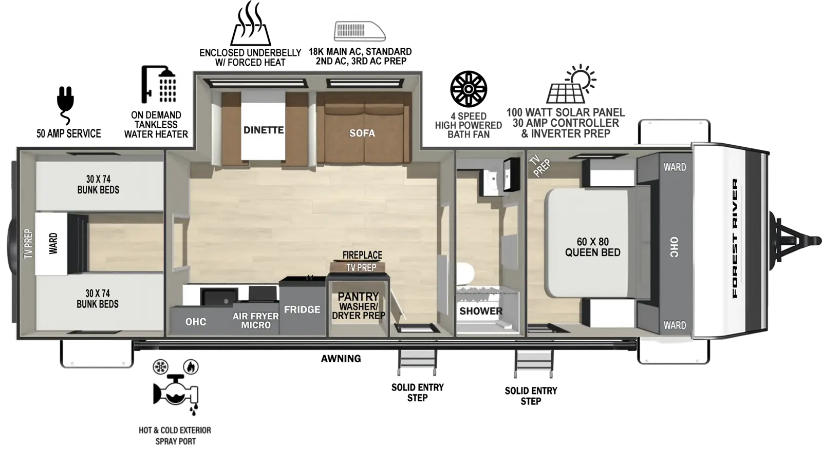 The Ibex New Trail Edition TRAIL28 floorplan has two entries and one slide out. Exterior features include: fiberglass exterior and 19' awning. Interiors features include: bunk beds, front bedroom and pass through bathroom.