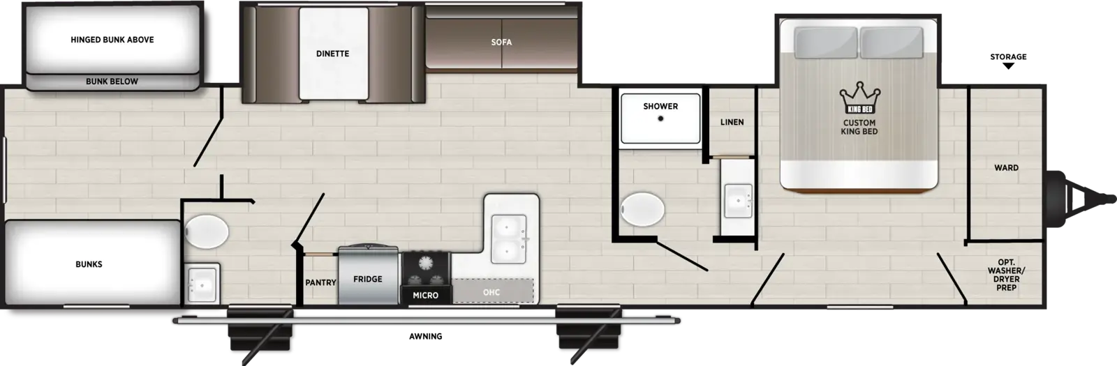 The Wildwood 33BH3 floorplan has two entries and three slide outs. Exterior features include: metal exterior. Interiors features include: bunk beds, front bedroom and bathroom and a half.