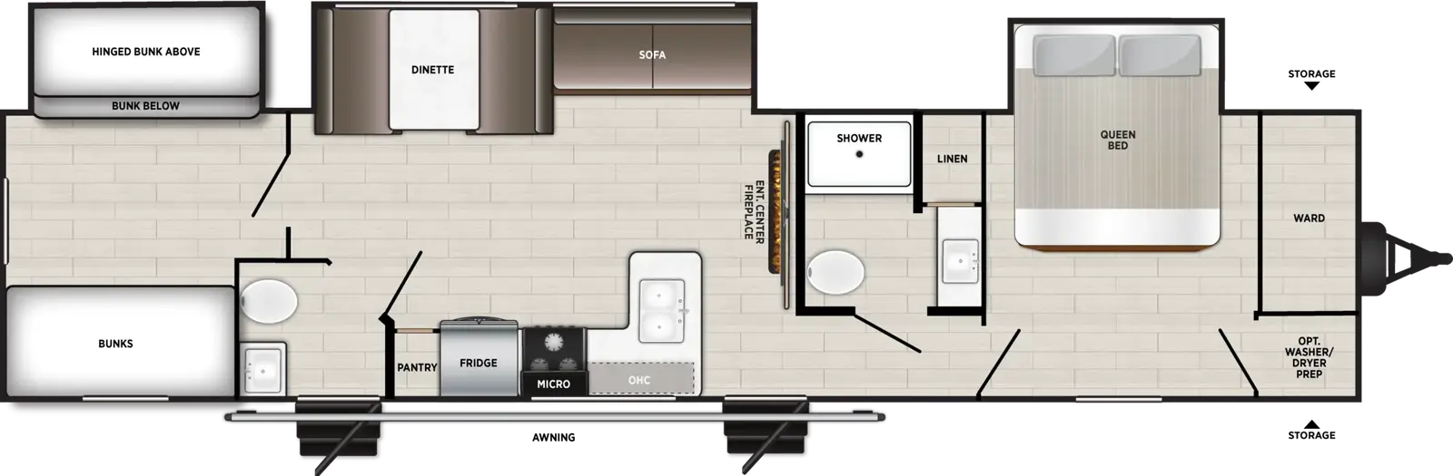 The Wildwood 33TS3 floorplan has two entries and three slide outs. Exterior features include: metal exterior. Interiors features include: bunk beds, front bedroom and bathroom and a half.