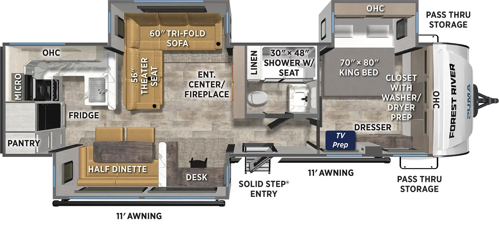 The Puma Tracks 3070RKLS floorplan has one entry and three slide outs. Exterior features include: fiberglass exterior and 11' & 11' awning. Interiors features include: rear kitchen and front bedroom.