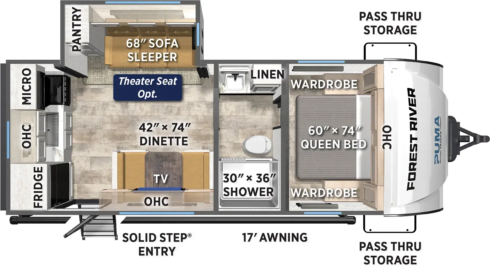 The Puma Tracks 237RK floorplan has one entry and one slide out. Exterior features include: fiberglass exterior and 17' awning. Interiors features include: rear kitchen, front bedroom and pass through bathroom.