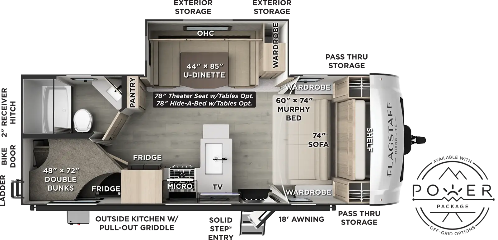 The Flagstaff Micro Lite 25BRDS floorplan has one entry and one slide out. Exterior features include: fiberglass exterior, 18' awning and outside kitchen. Interiors features include: bunk beds, u-dinette and murphy bed.
