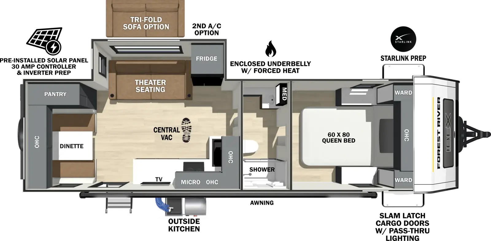 The Ibex 25RLSS floorplan has one entry and one slide out. Exterior features include: fiberglass exterior, 19' awning and outside kitchen. Interiors features include: front bedroom and pass through bathroom.