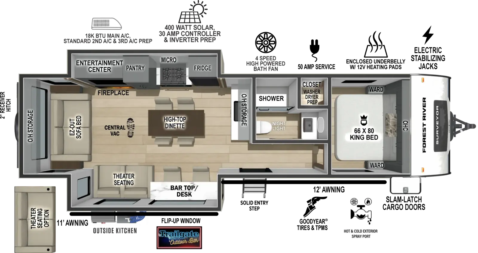 The Grand Surveyor 290RLDS floorplan has one entry and two slide outs. Exterior features include: fiberglass exterior, 11' & 12' awning and outside kitchen. Interiors features include: kitchen island and front bedroom.
