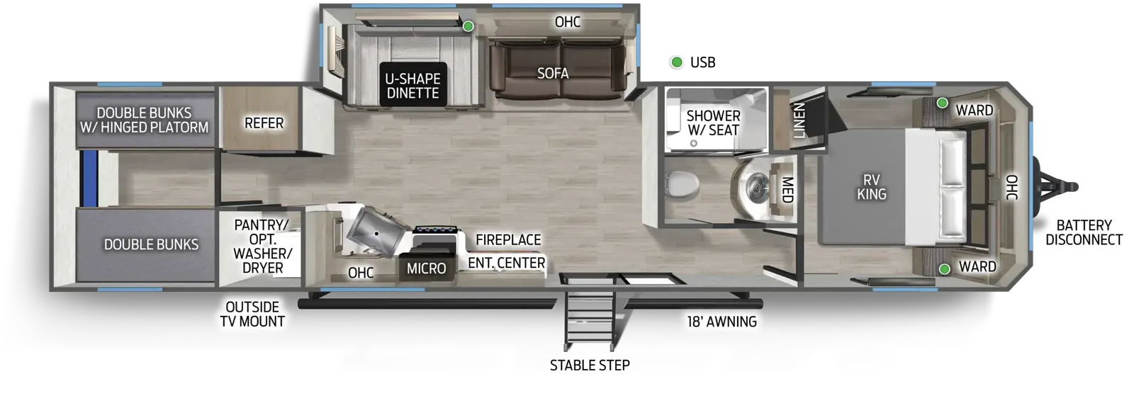 The Cascade 391DBHC floorplan has one entry and one slide out. Exterior features include: metal exterior and 18' awning. Interiors features include: bunk beds, u-dinette and front bedroom.