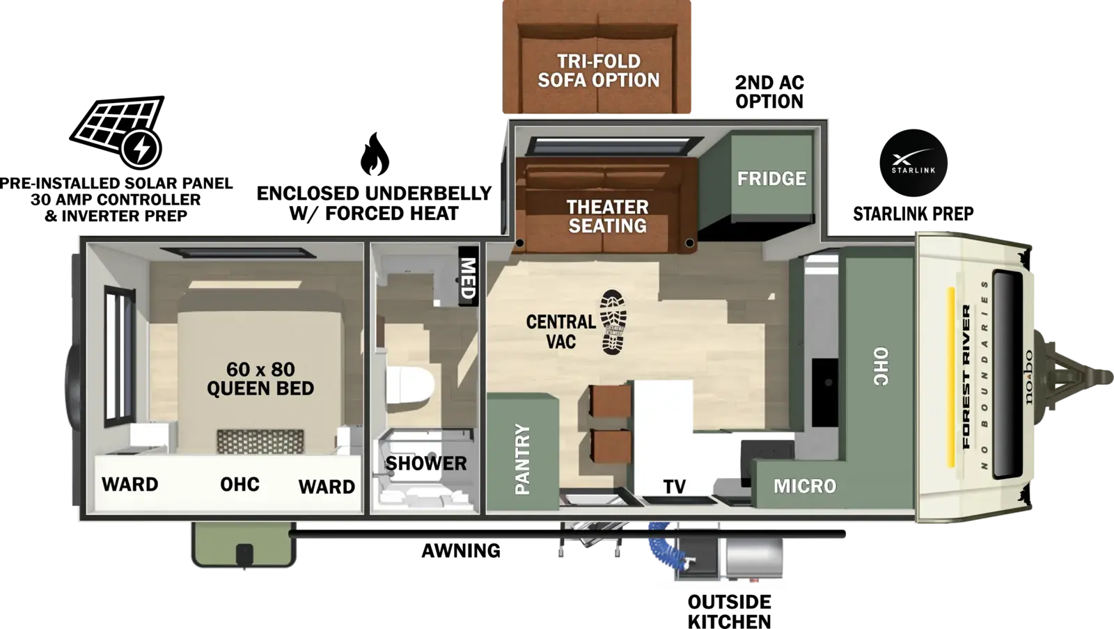 The No Boundaries NB20.5 floorplan has one entry and one slide out. Exterior features include: fiberglass exterior, 19' awning and outside kitchen. Interiors features include: front kitchen, rear bedroom and pass through bathroom.