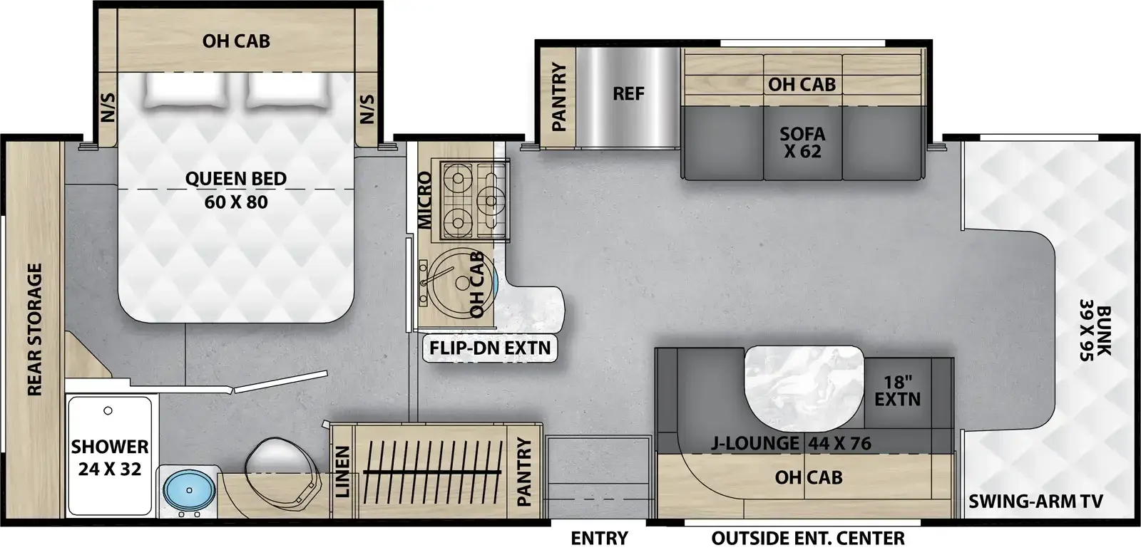 The Cross Trail 26XG has 2 slideouts, 2 on off-door side and 0 on door side and 1 entry door.  Interior layout from front to back;  front 39 inch by 95 inch bunk with a swing arm TV; door side  40 inch by 76 inch J-Lounge with 18 inch extension with overhead cabinets near entry; off-door side 62 inch sofa with overhead cabinets; next to refrigerator and pantry with wrap around kitchen, stovetop with microwave, overhead cabinets, single sink and flip down cabinet extension; door side pantry near entry;  rear off-door side bedroom 60 inch by 80 inch foot facing queen bed with overhead cabinets and nightstands on either side; rear storage; rear door side bathroom shower, sink, toilet with linen.
