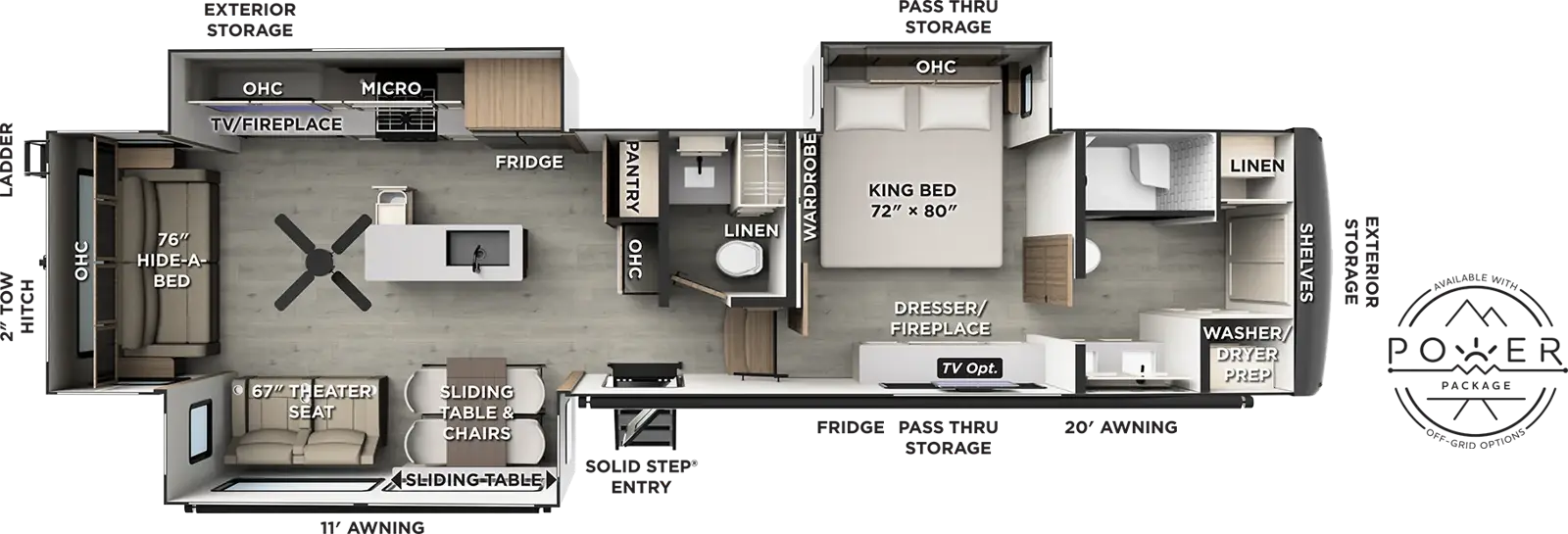 The Flagstaff Classic Fifth Wheels 401CFB floorplan has one entry and three slide outs. Exterior features include: fiberglass exterior and 11' & 20' awning. Interiors features include: kitchen island, rear living and bathroom and a half.