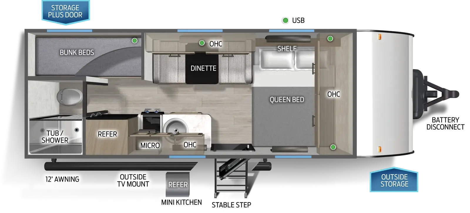 The Cascade 161DBC floorplan has one entry and zero slide outs. Exterior features include: metal exterior, 12' awning and outside kitchen. Interiors features include: bunk beds and front bedroom.